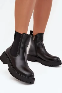 Outlet Skórzane Botki Sztyblety Damskie Ocieplane Na Zamek Big Star OO274109 Czarne Damskie Botki Ocieplane|Czarne Botki
