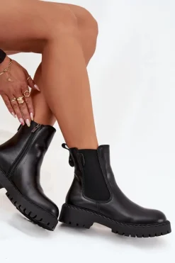 Outlet Skórzane Botki Sztyblety Damskie Ocieplane Na Zamek Big Star OO274109 Czarne Damskie Botki Ocieplane|Czarne Botki