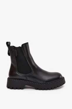 Outlet Skórzane Botki Sztyblety Damskie Ocieplane Na Zamek Big Star OO274109 Czarne Damskie Botki Ocieplane|Czarne Botki