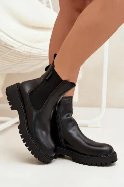 Outlet Skórzane Botki Sztyblety Damskie Ocieplane Na Zamek Big Star OO274109 Czarne Damskie Botki Ocieplane|Czarne Botki