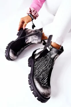 Botki Maciejka|Czarne Botki>Maciejka Skórzane Botki Sztyblety Czarno-Białe 05137-21