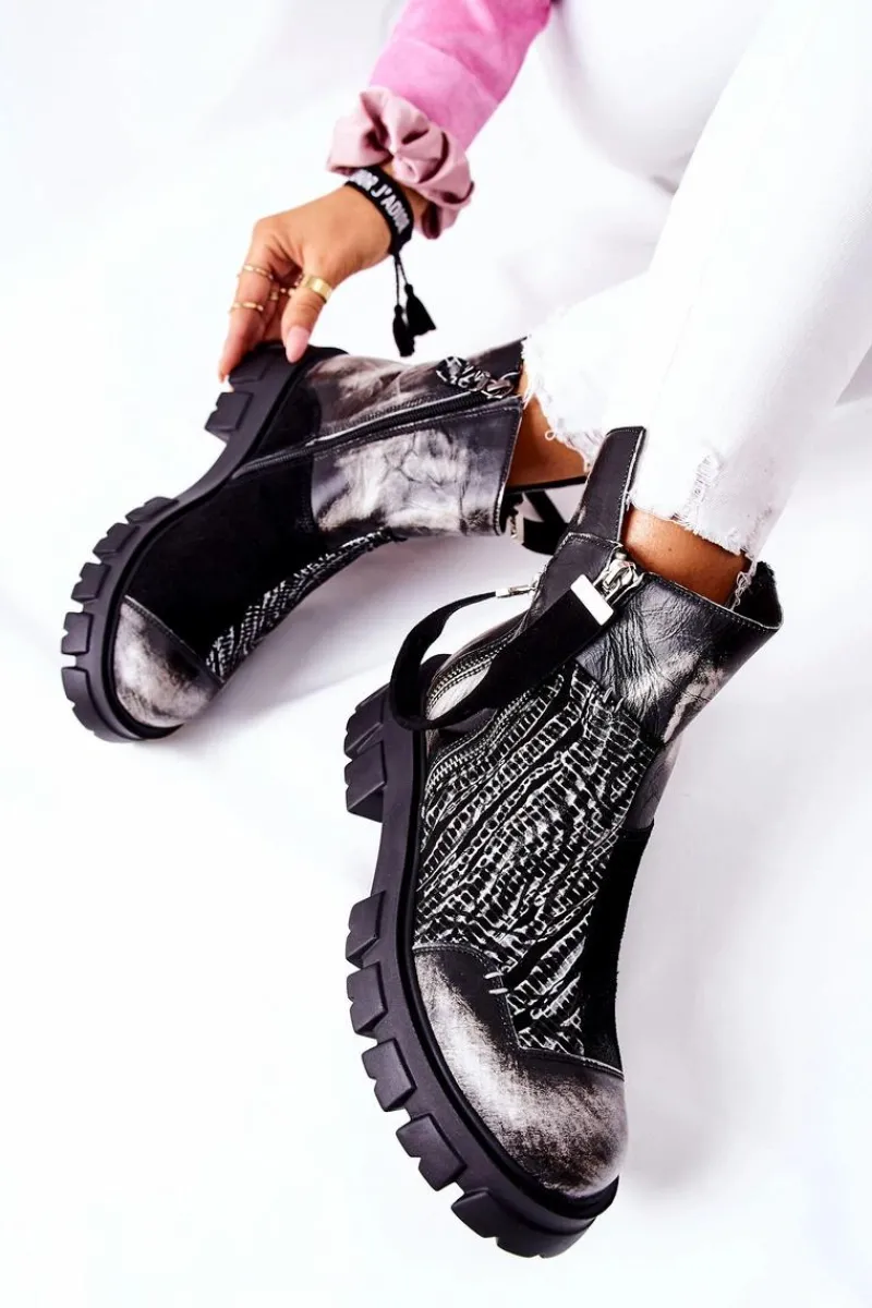 Botki Maciejka|Czarne Botki>Maciejka Skórzane Botki Sztyblety Czarno-Białe 05137-21