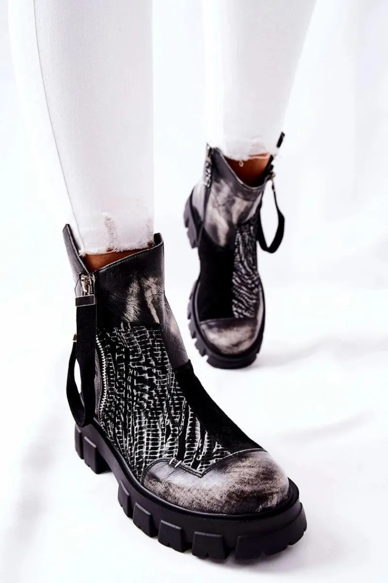 Botki Maciejka|Czarne Botki>Maciejka Skórzane Botki Sztyblety Czarno-Białe 05137-21