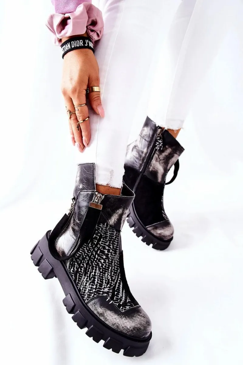 Botki Maciejka|Czarne Botki>Maciejka Skórzane Botki Sztyblety Czarno-Białe 05137-21