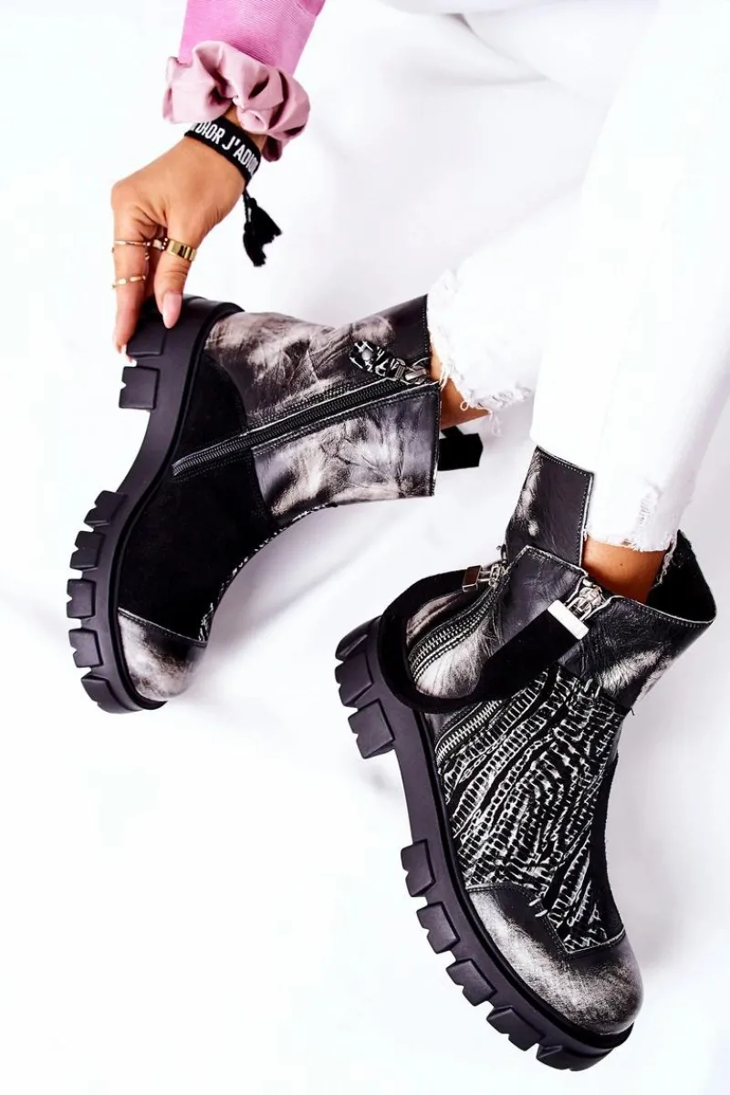 Botki Maciejka|Czarne Botki>Maciejka Skórzane Botki Sztyblety Czarno-Białe 05137-21