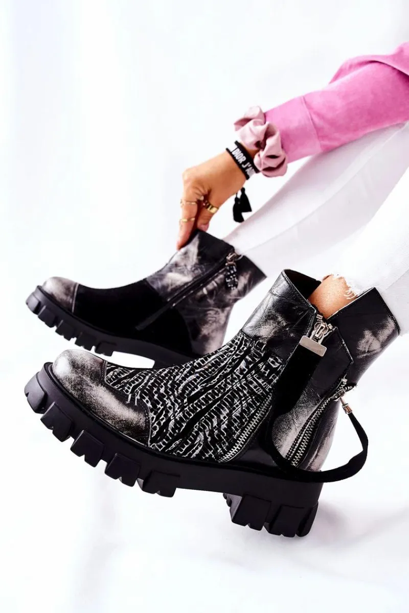 Botki Maciejka|Czarne Botki>Maciejka Skórzane Botki Sztyblety Czarno-Białe 05137-21