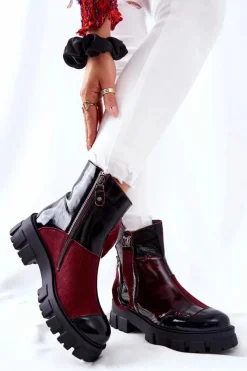 Outlet Skórzane Botki Sztyblety Czarno-Bordowe 05137-33 Damskie Botki Maciejka|Czarne Botki