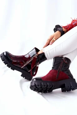 Outlet Skórzane Botki Sztyblety Czarno-Bordowe 05137-33 Damskie Botki Maciejka|Czarne Botki