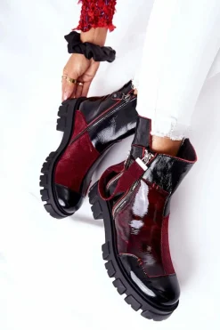 Outlet Skórzane Botki Sztyblety Czarno-Bordowe 05137-33 Damskie Botki Maciejka|Czarne Botki