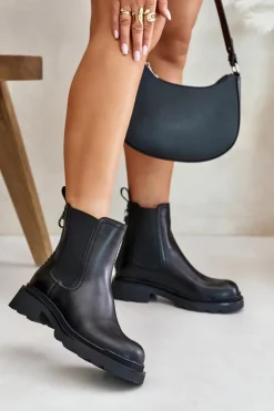 Damskie buty S.Barski Skórzane Botki Sztyblety Z Ozdobnym Łańcuchem Ocieplane D&A JC42-86 Czarne