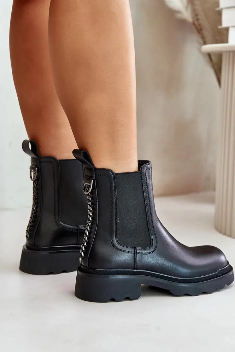 Damskie buty S.Barski Skórzane Botki Sztyblety Z Ozdobnym Łańcuchem Ocieplane D&A JC42-86 Czarne