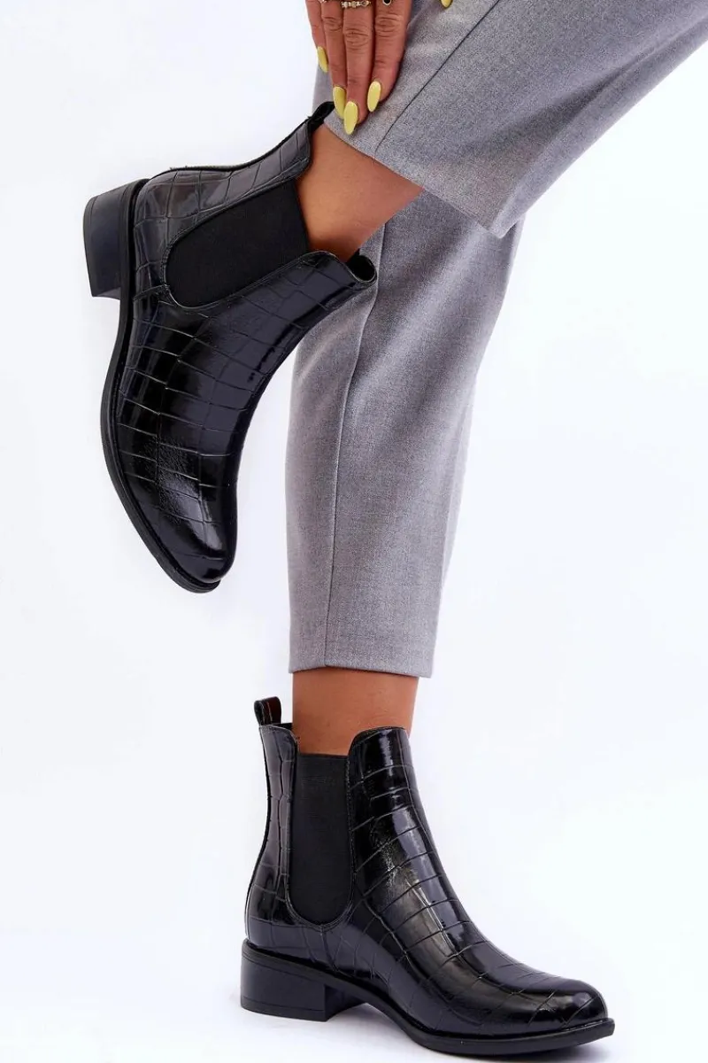 Sale Skórzane Botki Sztyblety Zwierzęcy Wzór Czarne Daina Damskie Czarne Botki|Botki Zimowe Damskie