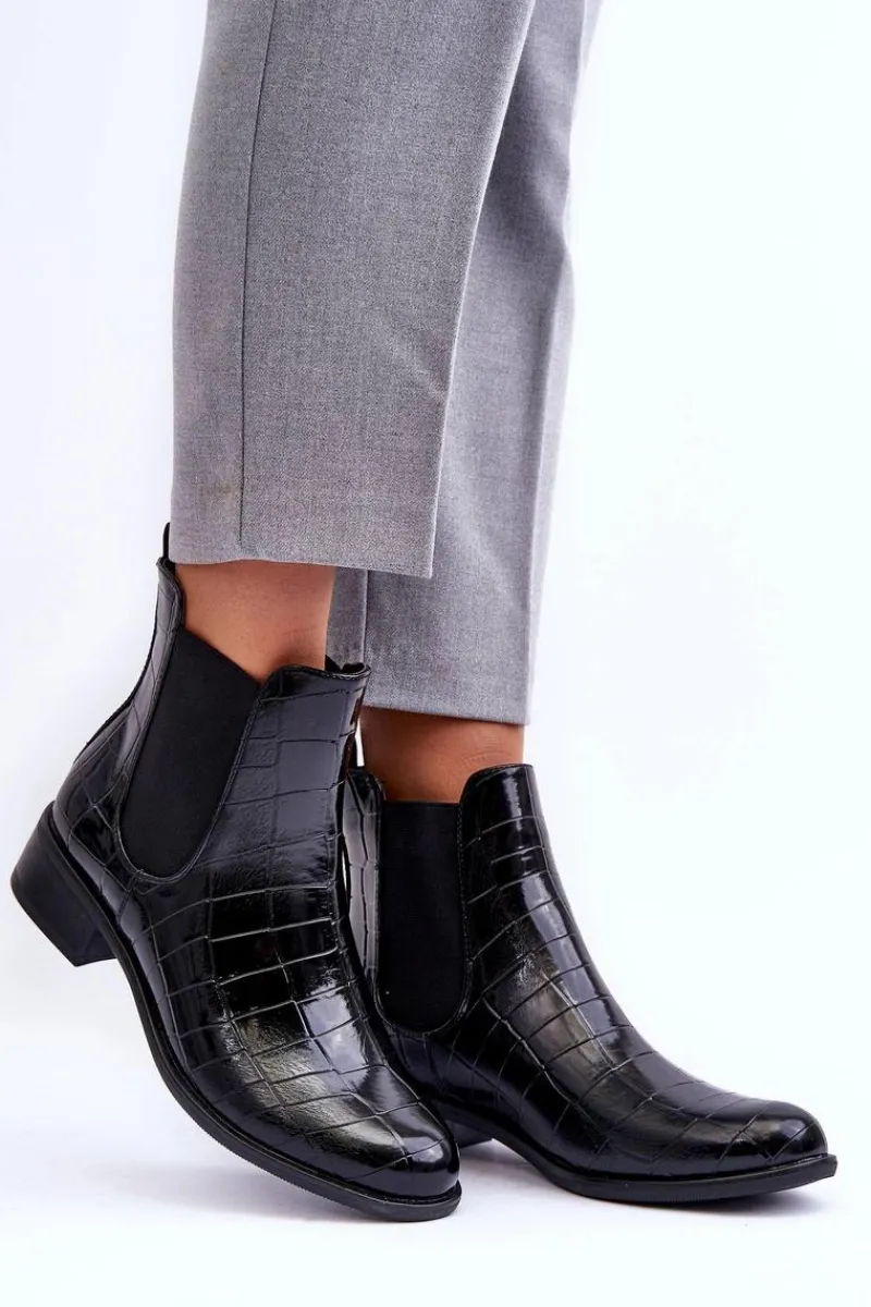 Sale Skórzane Botki Sztyblety Zwierzęcy Wzór Czarne Daina Damskie Czarne Botki|Botki Zimowe Damskie