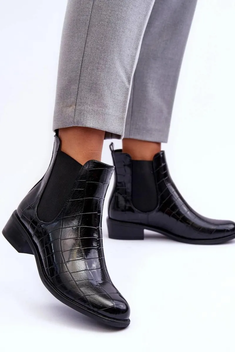 Sale Skórzane Botki Sztyblety Zwierzęcy Wzór Czarne Daina Damskie Czarne Botki|Botki Zimowe Damskie