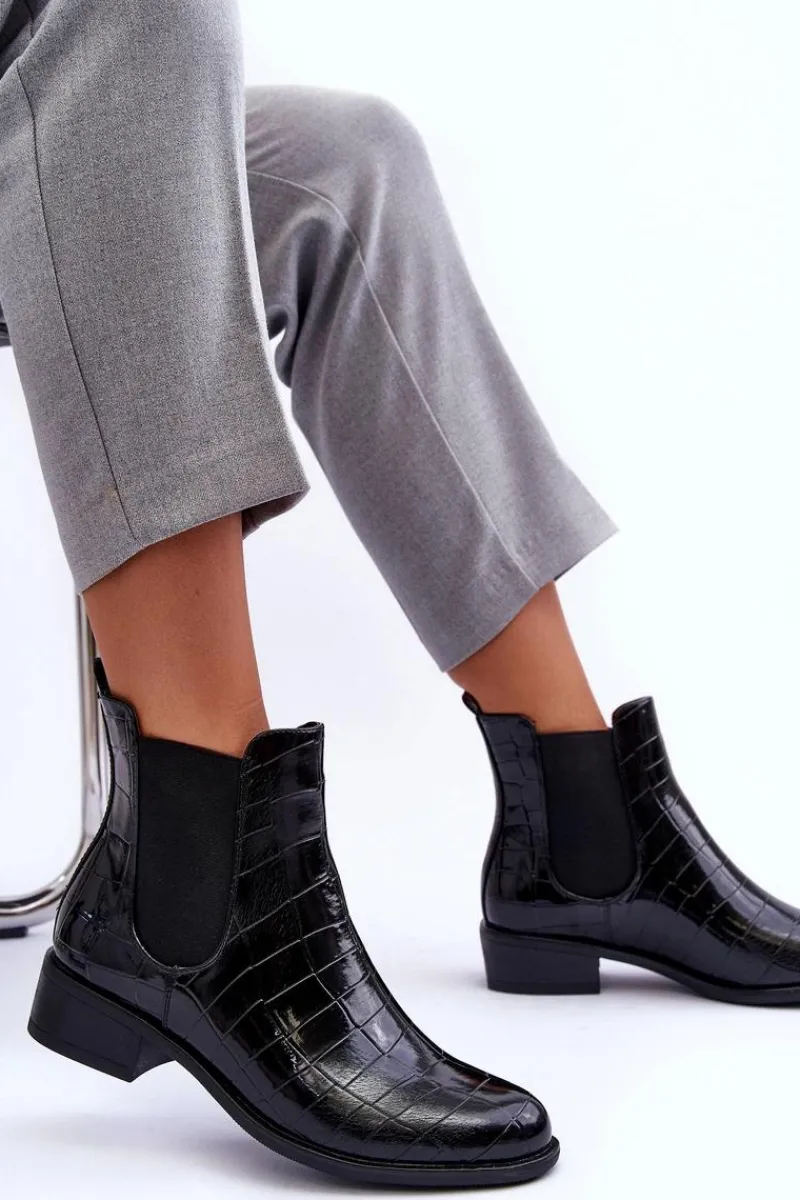 Sale Skórzane Botki Sztyblety Zwierzęcy Wzór Czarne Daina Damskie Czarne Botki|Botki Zimowe Damskie