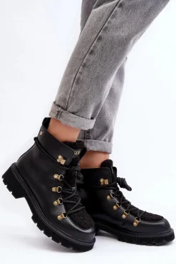 Botki Ocieplane|Damskie Trapery>GOE Skórzane Botki Trapery Damskie MM2N4082 Czarne Czarny