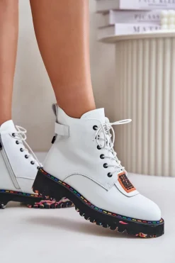 Online Skórzane Botki Trapery Damskie Na Zamek 55C0515 Białe Damskie Botki Ocieplane|Damskie Trapery