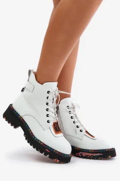 Online Skórzane Botki Trapery Damskie Na Zamek 55C0515 Białe Damskie Botki Ocieplane|Damskie Trapery