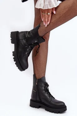 Botki Skórzane|Botki Sznurowane>Zazoo Skórzane Botki Trapery Damskie Na Suwak 949P Czarne