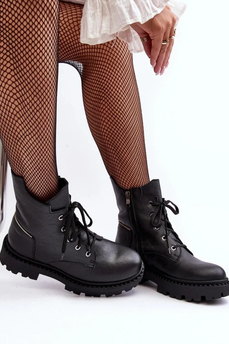 Botki Skórzane|Botki Sznurowane>Zazoo Skórzane Botki Trapery Damskie Na Suwak 949P Czarne