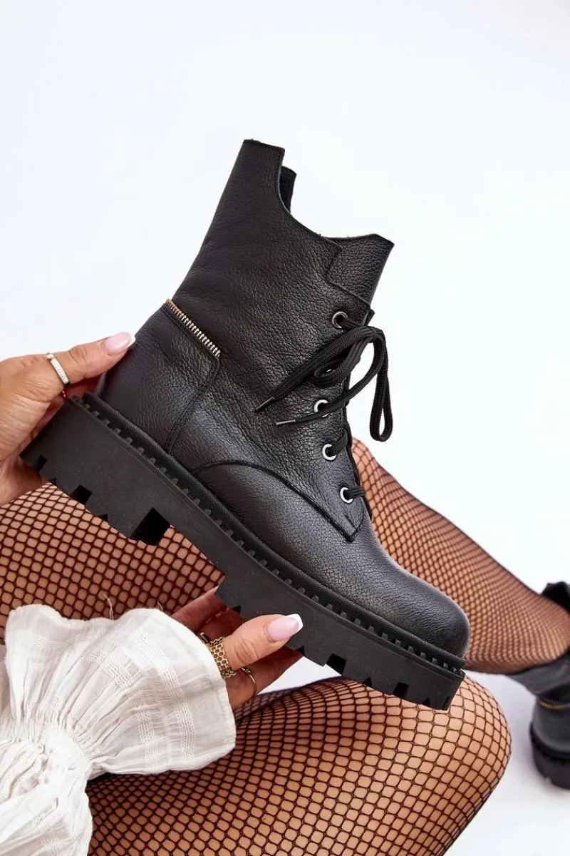 Botki Skórzane|Botki Sznurowane>Zazoo Skórzane Botki Trapery Damskie Na Suwak 949P Czarne