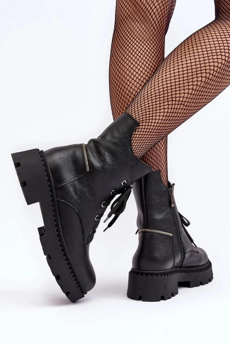 Botki Skórzane|Botki Sznurowane>Zazoo Skórzane Botki Trapery Damskie Na Suwak 949P Czarne