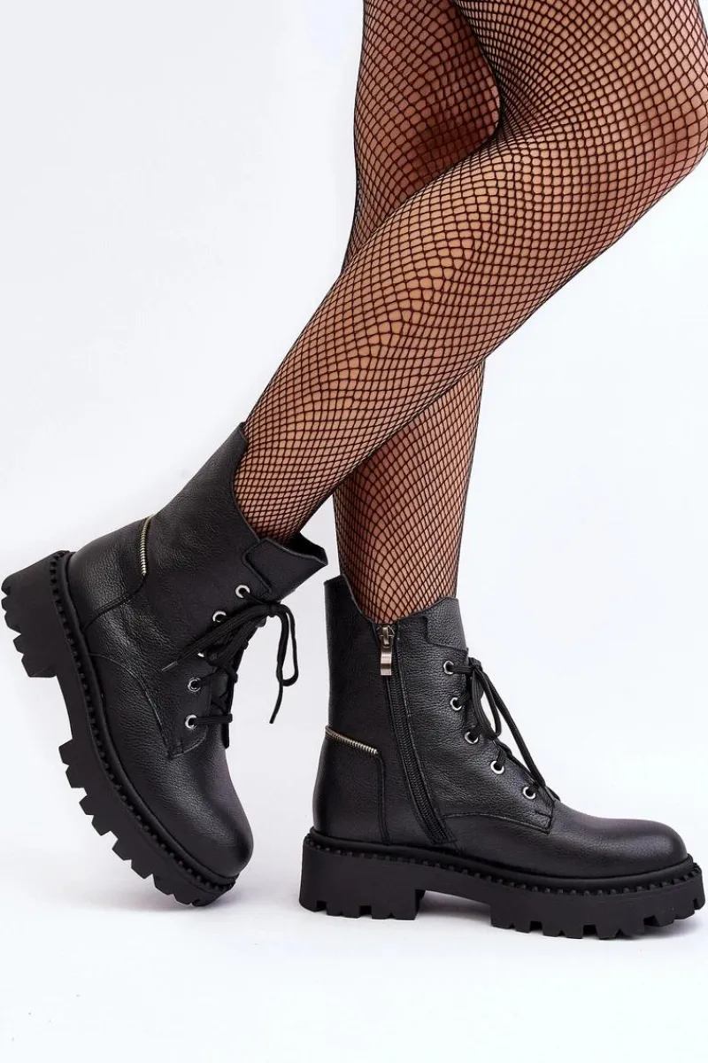 Botki Skórzane|Botki Sznurowane>Zazoo Skórzane Botki Trapery Damskie Na Suwak 949P Czarne