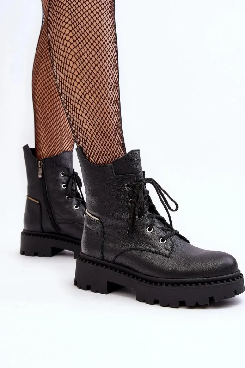 Botki Skórzane|Botki Sznurowane>Zazoo Skórzane Botki Trapery Damskie Na Suwak 949P Czarne
