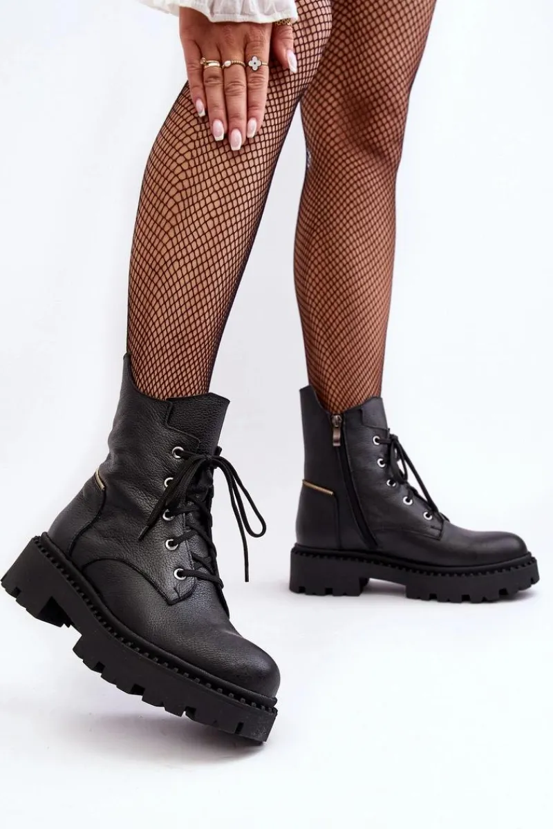 Botki Skórzane|Botki Sznurowane>Zazoo Skórzane Botki Trapery Damskie Na Suwak 949P Czarne