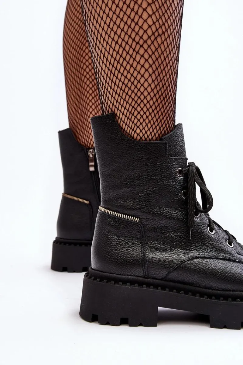 Botki Skórzane|Botki Sznurowane>Zazoo Skórzane Botki Trapery Damskie Na Suwak 949P Czarne