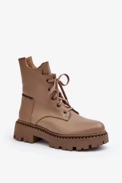 Discount Zazoo Skórzane Botki Trapery Damskie Na Suwak 949P Ciemnobeżowe