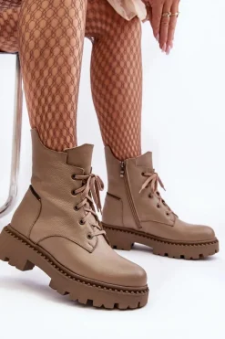 Discount Zazoo Skórzane Botki Trapery Damskie Na Suwak 949P Ciemnobeżowe