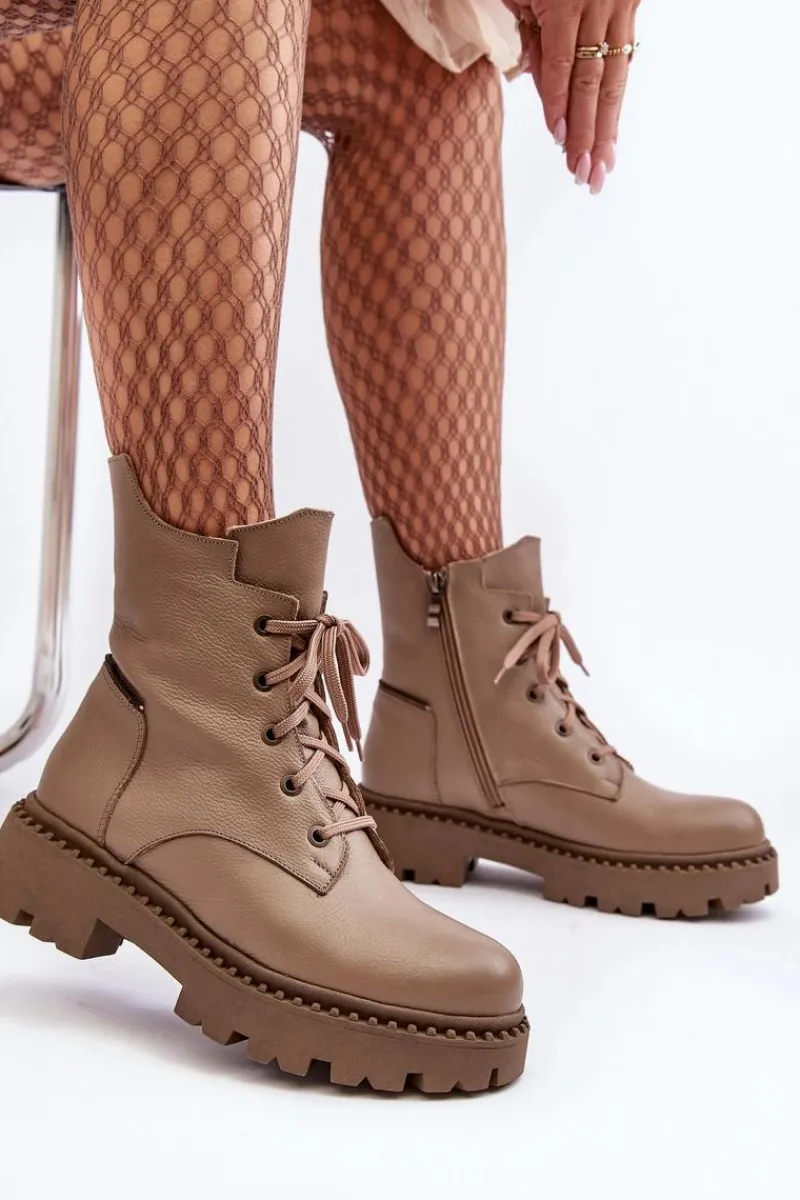 Discount Zazoo Skórzane Botki Trapery Damskie Na Suwak 949P Ciemnobeżowe