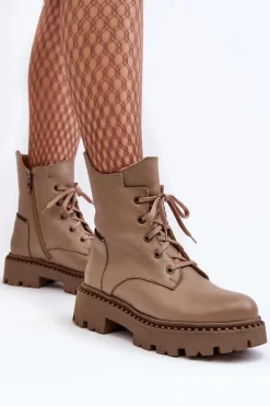 Discount Zazoo Skórzane Botki Trapery Damskie Na Suwak 949P Ciemnobeżowe