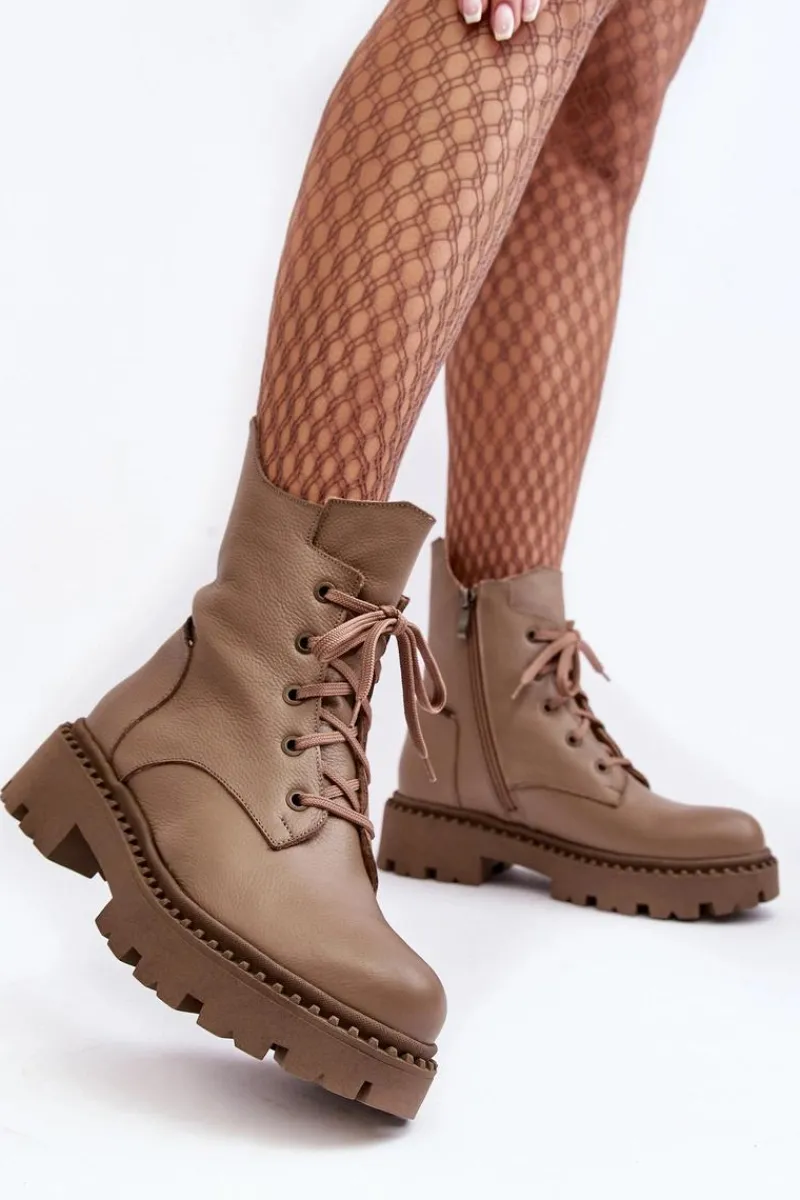 Discount Zazoo Skórzane Botki Trapery Damskie Na Suwak 949P Ciemnobeżowe