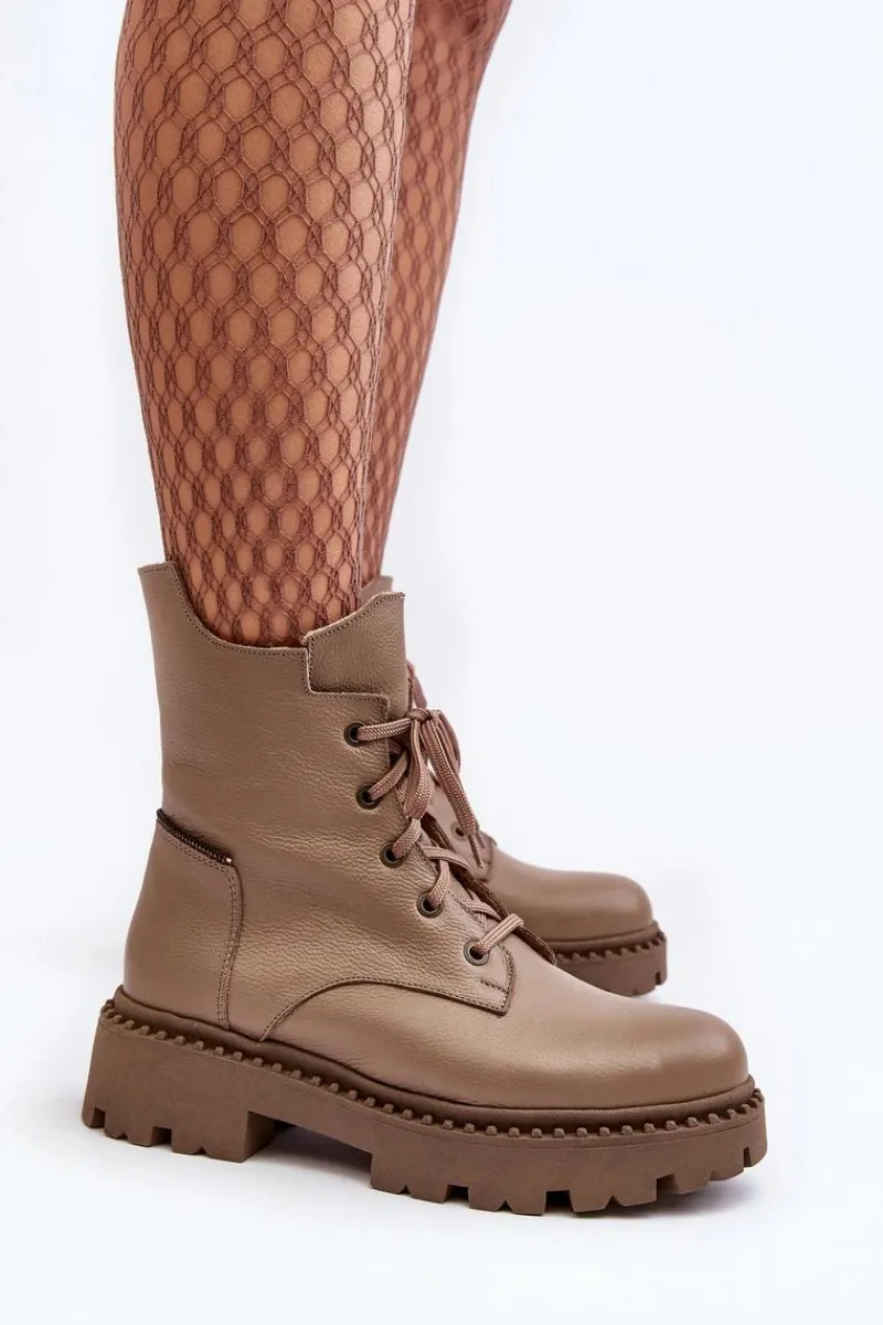 Discount Zazoo Skórzane Botki Trapery Damskie Na Suwak 949P Ciemnobeżowe