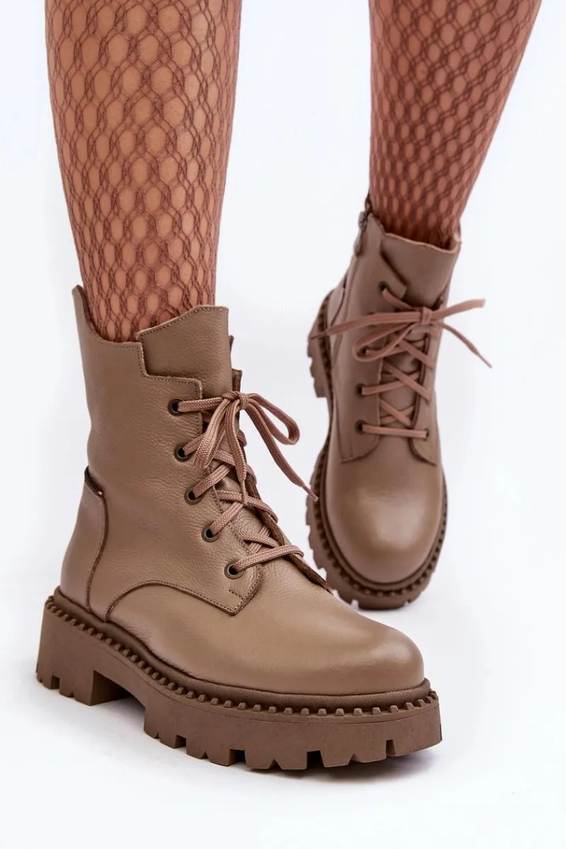 Discount Zazoo Skórzane Botki Trapery Damskie Na Suwak 949P Ciemnobeżowe