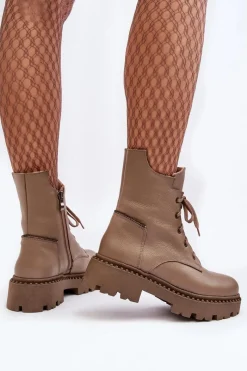 Discount Zazoo Skórzane Botki Trapery Damskie Na Suwak 949P Ciemnobeżowe