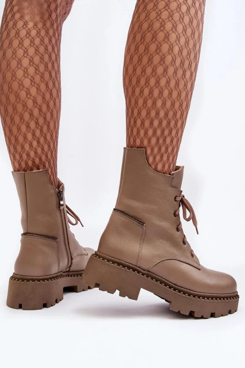 Discount Zazoo Skórzane Botki Trapery Damskie Na Suwak 949P Ciemnobeżowe