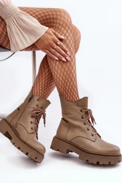 Discount Zazoo Skórzane Botki Trapery Damskie Na Suwak 949P Ciemnobeżowe