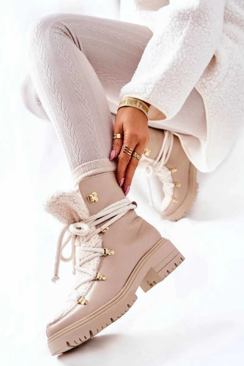 Hot Skórzane Botki Trapery Wiązane Lewski Jasnobeżowe 3116 Damskie Damskie Trapery|Botki Skórzane