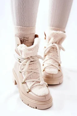 Hot Skórzane Botki Trapery Wiązane Lewski Jasnobeżowe 3116 Damskie Damskie Trapery|Botki Skórzane