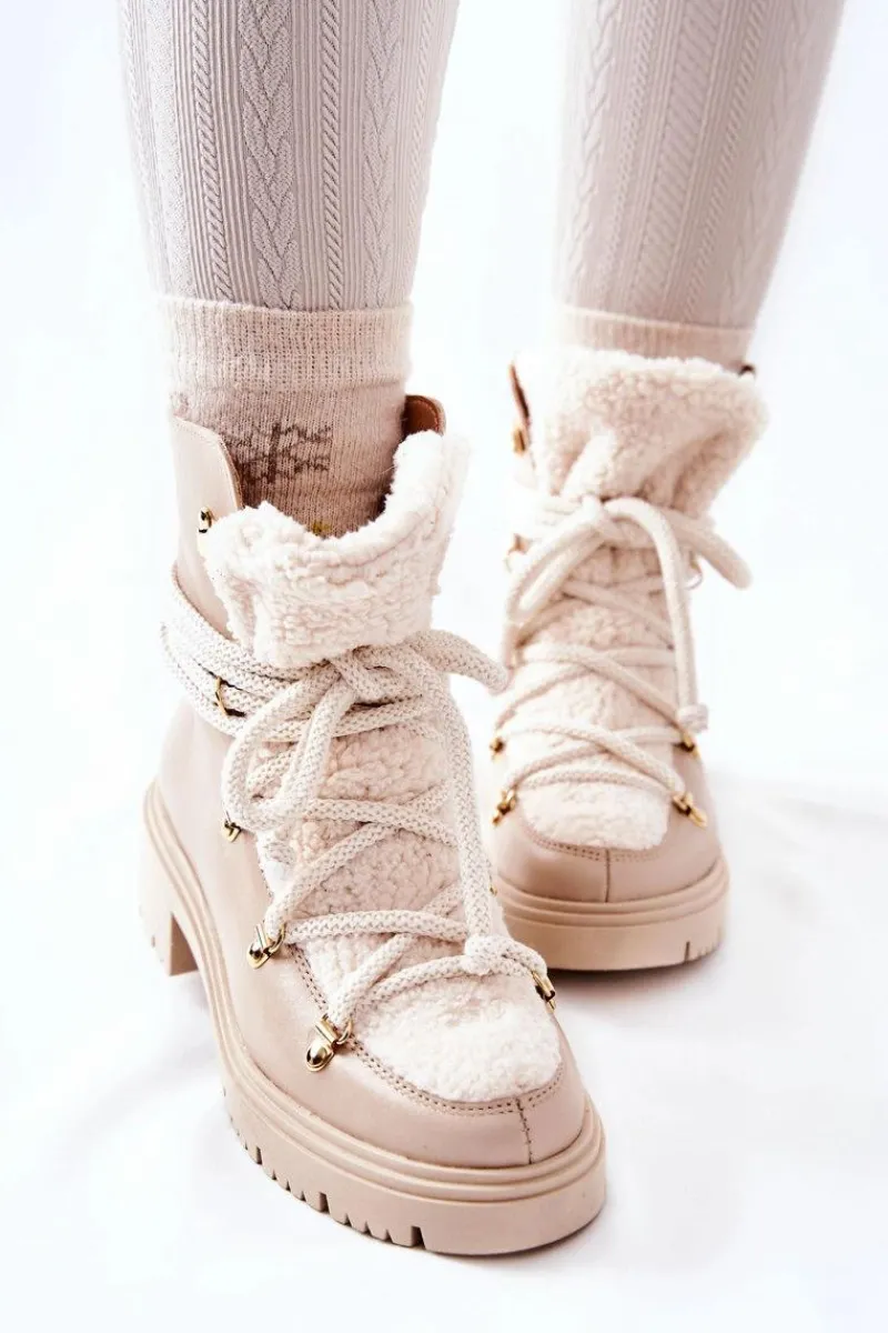 Hot Skórzane Botki Trapery Wiązane Lewski Jasnobeżowe 3116 Damskie Damskie Trapery|Botki Skórzane