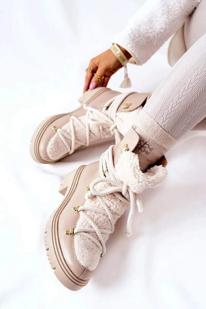 Hot Skórzane Botki Trapery Wiązane Lewski Jasnobeżowe 3116 Damskie Damskie Trapery|Botki Skórzane