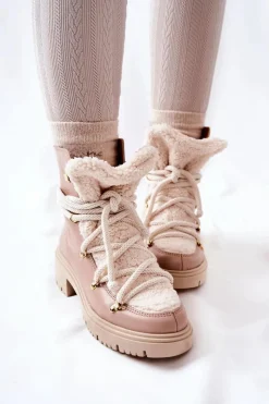 Skórzane Botki Trapery Wiązane Lewski Beżowe 3116 Damskie Damskie Trapery|Botki Skórzane