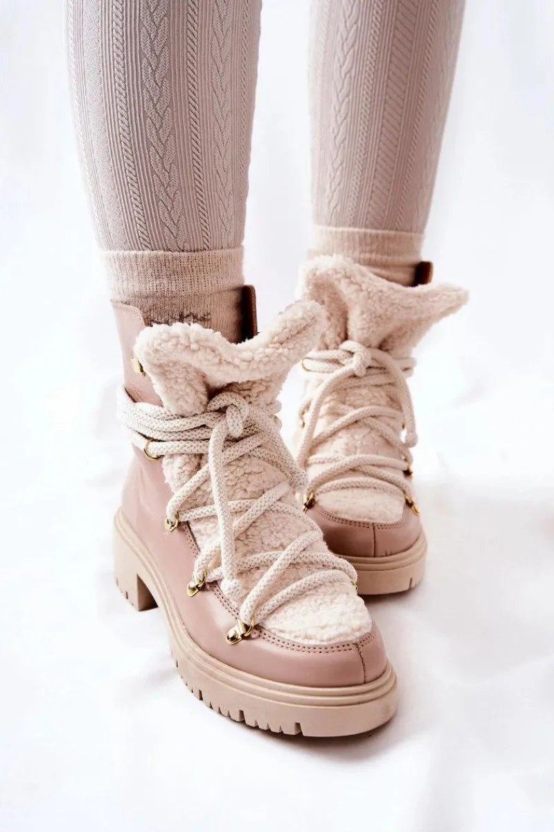 Skórzane Botki Trapery Wiązane Lewski Beżowe 3116 Damskie Damskie Trapery|Botki Skórzane