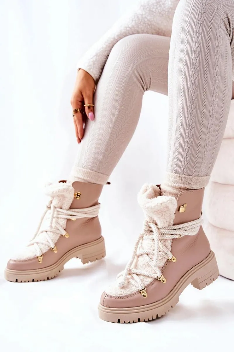 Skórzane Botki Trapery Wiązane Lewski Beżowe 3116 Damskie Damskie Trapery|Botki Skórzane