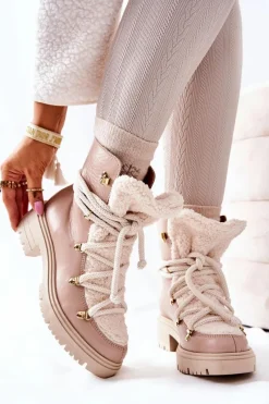 Skórzane Botki Trapery Wiązane Lewski Beżowe 3116 Damskie Damskie Trapery|Botki Skórzane