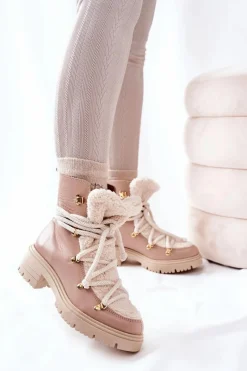 Skórzane Botki Trapery Wiązane Lewski Beżowe 3116 Damskie Damskie Trapery|Botki Skórzane