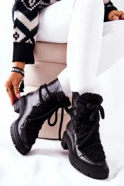 Damskie Trapery|Botki Skórzane>Boto Skórzane Botki Trapery Wiązane Lewski Czarne 3116 Czarny